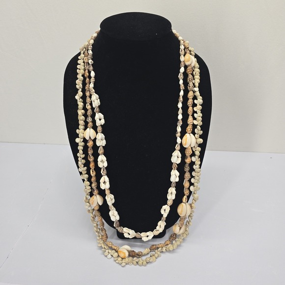Jewelry - Vintage Natural Puka Cowrie Shell Necklace Set 3 Piece Long Layering Beachy Boho